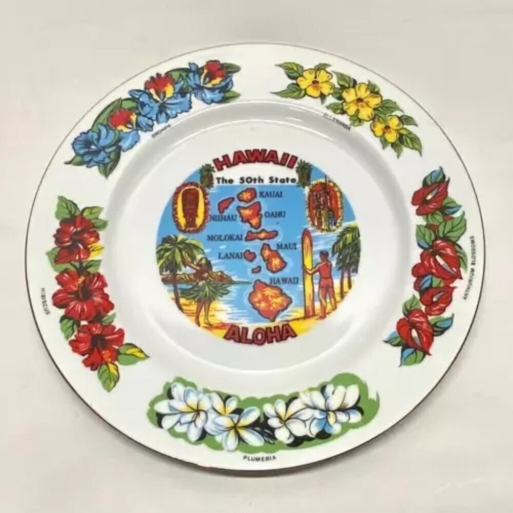 State Plate Hawaii The 50th State Aloha 10‎ 3/8” Hand Painted 21K Gold Trim Vtg